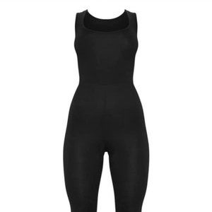 Black Square Neck Split Hem Jersey Jumpsuit